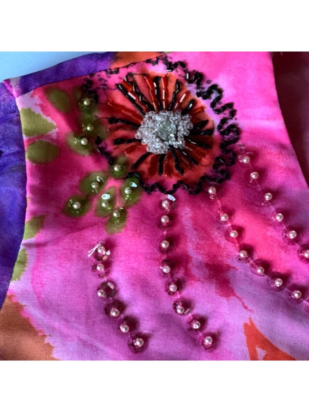 Miss Elliette California Hand-Beaded Floral Crop Blouse Sheer Sleeves Vtg 60s - Picture 14 of 16